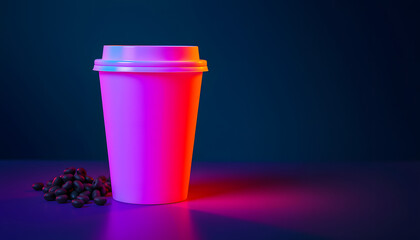 Vibrant disposable coffee cup mockup illustration, glowing neon. isolated with white highlights