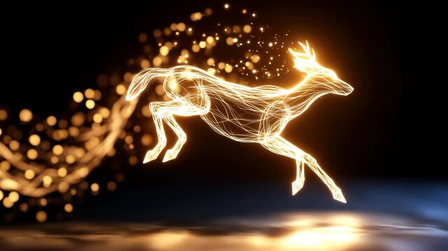 Glowing deer digital art abstract fantasy with light trail running magical night energy motion, luminous deer silhouette formed by glowing lines and sparkling particles, dynamic movement dark