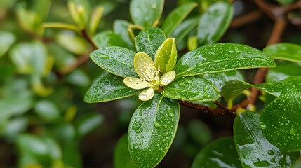 Close-up of Green Plant with Water Droplets on Leaves and Bloom