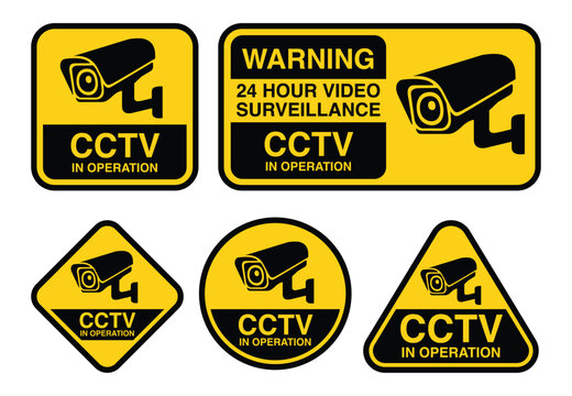 Security Camera or CCTV sign in yellow and black. Pictogram of CCTV in Operation