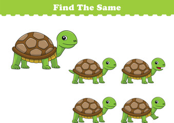 Funny cartoon tortoise. Find same pictures. Educational game for children. Cartoon vector illustration