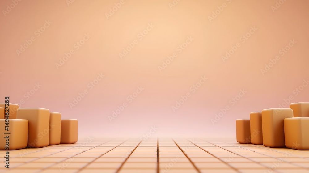 Poster minimalist 3d rendering with geometric cubes on a tiled surface, featuring a smooth peach gradient b