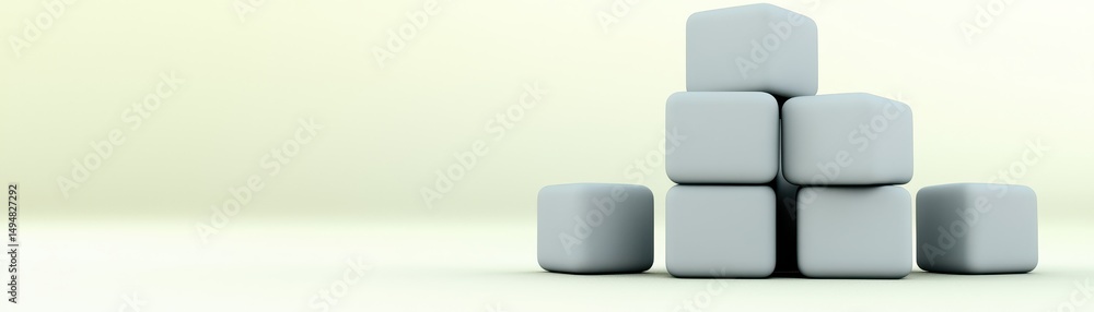 Poster minimalist stack of six smooth gray cubes arranged in a pyramid on a light background.