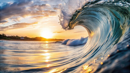 Golden hour sea water ocean wave in barrel shape for surfing.