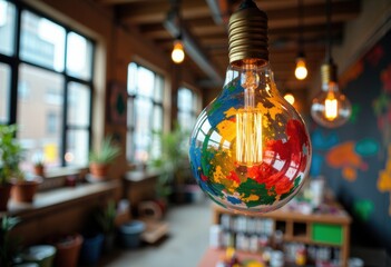 Obraz premium Colorful artistic light bulb hanging in a cozy, modern interior space with large windows