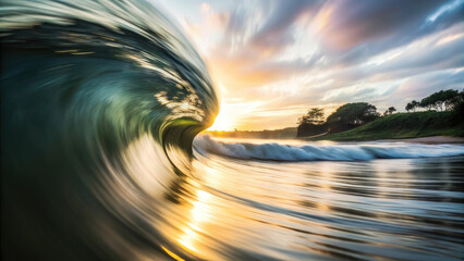 Golden hour sea water ocean wave in barrel shape for surfing.
