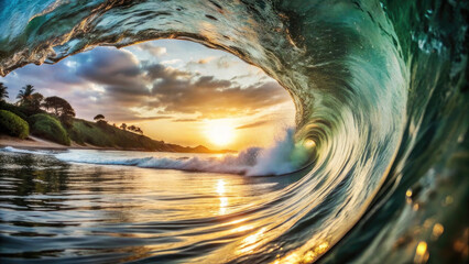Golden hour sea water ocean wave in barrel shape for surfing.