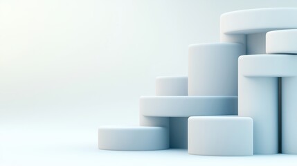 Minimalist arrangement of white cylindrical blocks stacked in an abstract geometric composition on a light background.