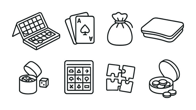 Board and card games outline icons set - flat, silhouette, gaming symbols