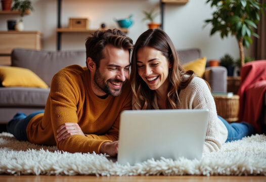 Happy couple enjoying time together while using a laptop at home