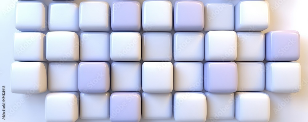 Poster glossy pastel purple and white cubes arranged in a neat, grid-like pattern on a flat surface, creati