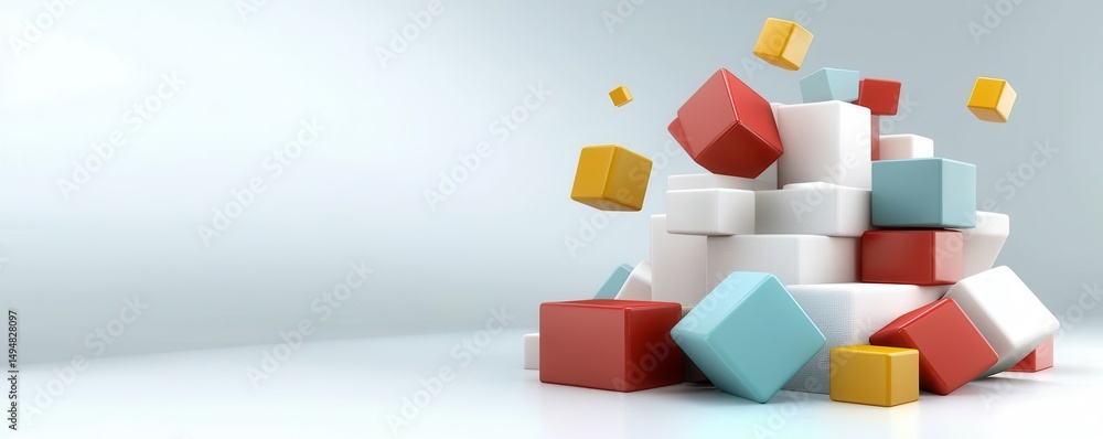 Poster colorful cubes and rectangles stacked and floating on a white background, creating a modern, abstrac