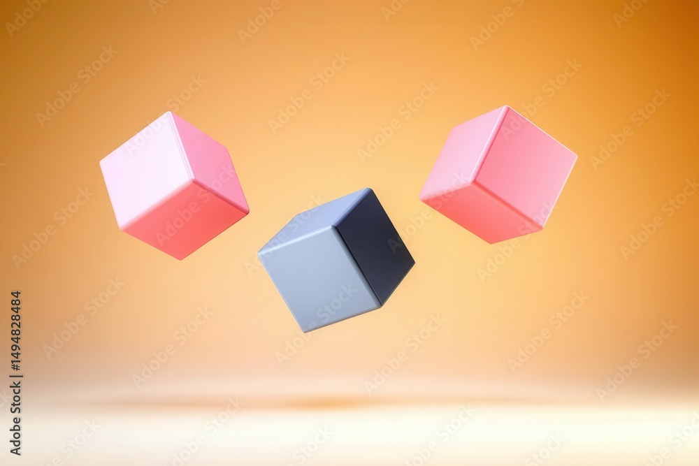 Poster three colorful cubes float against an orange gradient background, creating a modern and minimalist g