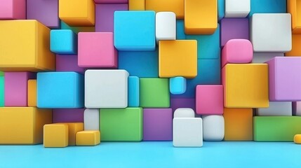 Colorful 3D cubes are stacked and arranged in a playful, geometric pattern against a blue background.