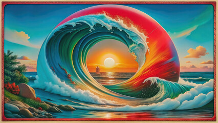 Golden hour sea water ocean wave in barrel shape for surfing.