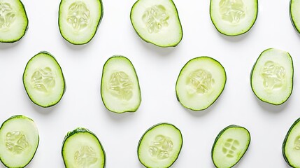 Cucumber Slices Pattern on White Background Flat Lay Fresh Vegetable Concept