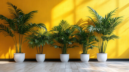 Fototapeta premium Simple stylish room with white plants against yellow wall