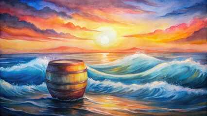 Golden hour sea water ocean wave in barrel shape for surfing.