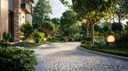Fototapeta premium A winding cobbled pathway surrounded by lush green vegetation and trees