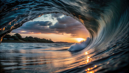 Golden hour sea water ocean wave in barrel shape for surfing.