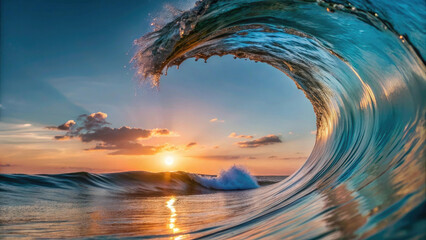 Golden hour sea water ocean wave in barrel shape for surfing.