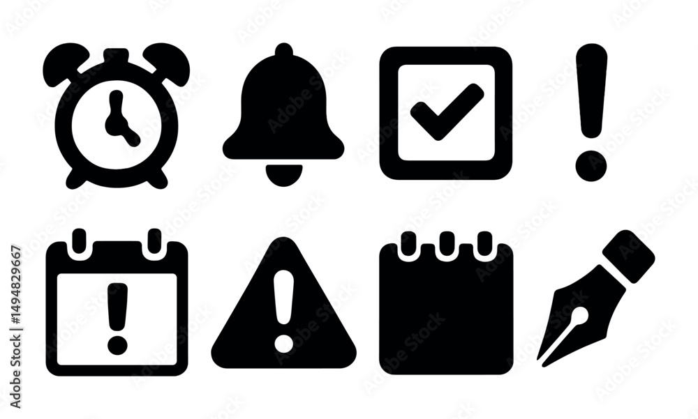 Poster alarm and alert solid icons set – notifications, reminders, warning symbols
