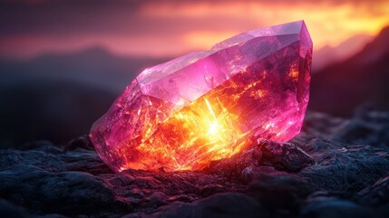 Obraz premium Radiant pink crystal on dark rocks at sunset