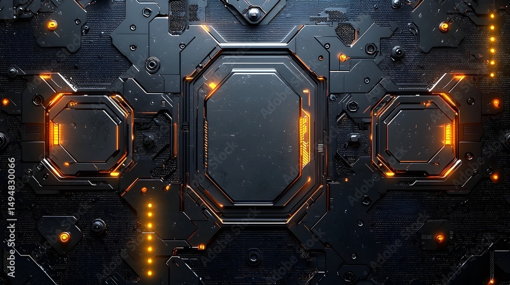 Poster metallic chrome frame with a sleek reflective surface against a dark futuristic background