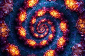 Symmetrical kaleidoscope fractal, swirling spirals, optical, art, graphics