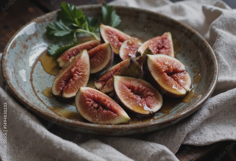 Poster fresh figs sliced and arranged on a rustic plate with honey drizzle