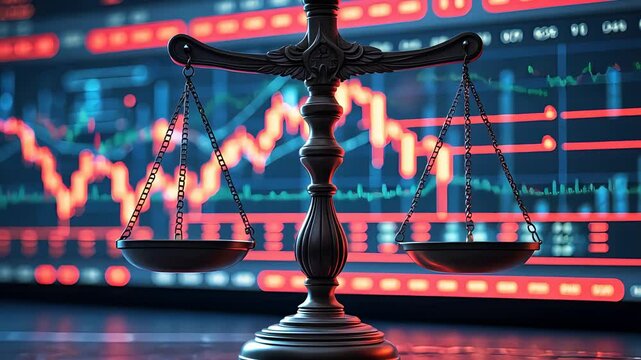Balance scale placed in front of digital financial stock market charts with red and blue candlesticks in business law and finance concept

