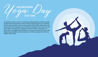 Celebrate International Yoga Day on June 21st with this vibrant illustration of women performing yoga poses, promoting health, balance, fitness, and inner peace.