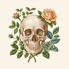 Fototapeta premium Detailed Skull Illustration with Roses and Flowers