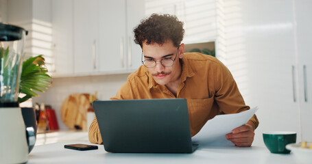 Man, documents and laptop for finance in home, review and budget for saving, investment and wealth...