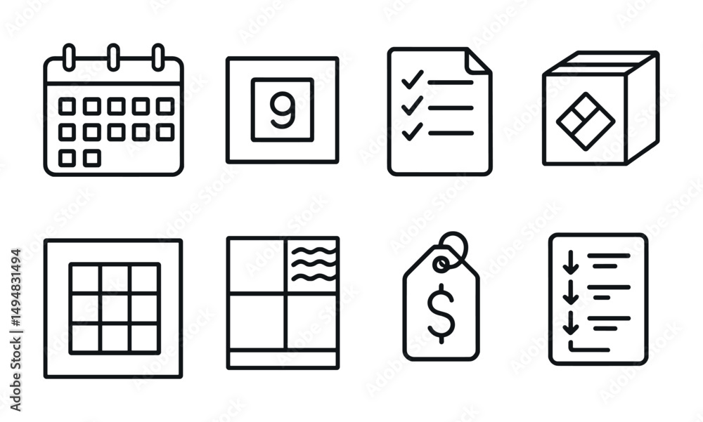 Poster office and productivity outline icons set – linear, organized, task management symbols
