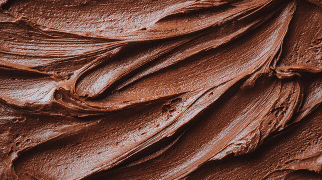 Close up of rich dark chocolate frosting with smooth texture and swirling patterns filling the frame