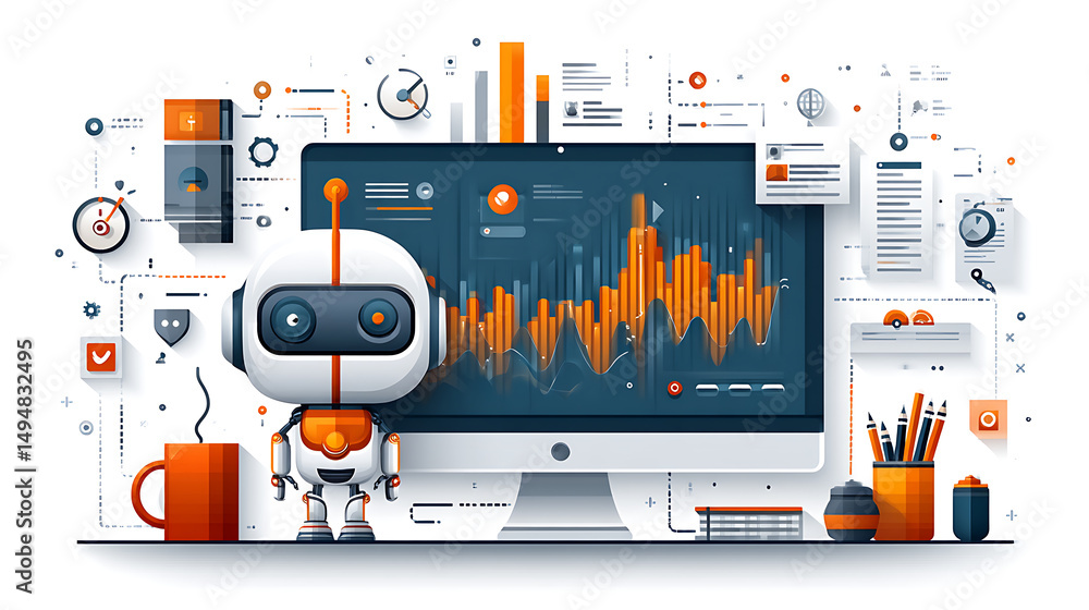 Poster innovative robot analyzing data virtual workspace digital art modern environment close-up view techn