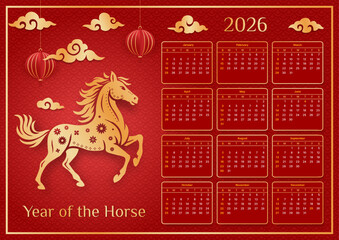 horizontal red calendar 2026, chinese new year of the horse celebration