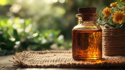 Close-up of frosted glass skincare bottle filled with amber oil on natural burlap background 