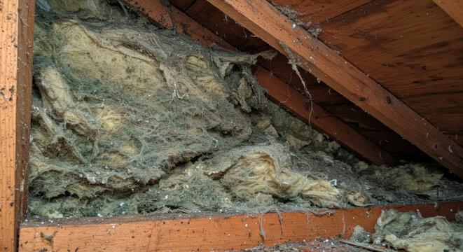 Insulation deterioration in attic shows heavy wear and potential pest infestation concerns