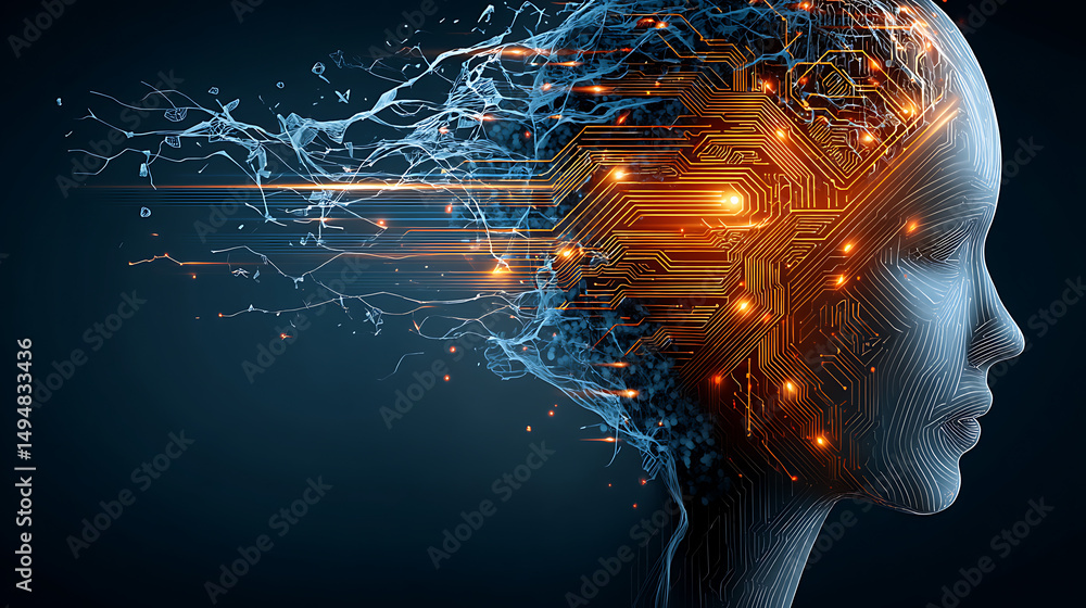 Poster exploring the intersection of technology and ai digital art futuristic environment profile view inno