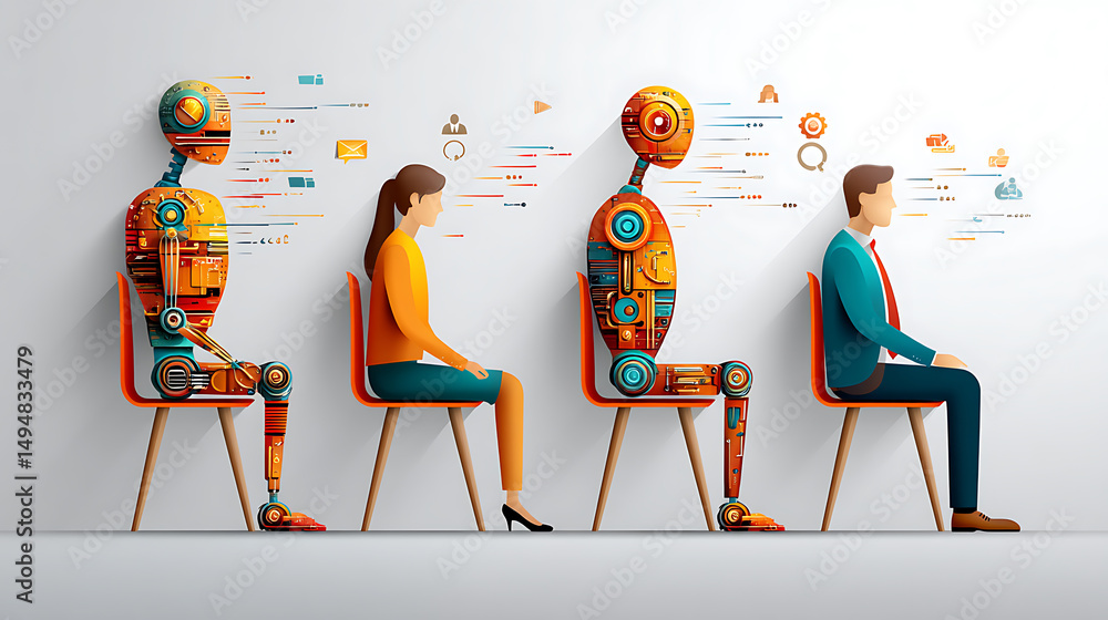 Poster evolution of automation human-like robots in a modern office setting digital art futuristic environm
