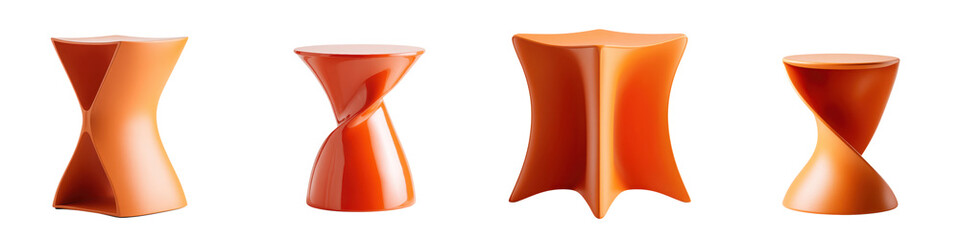 A collection of contemporary minimalist orange chairs featuring abstract geometric designs and sculptural forms for a stylish and innovative seating solution
