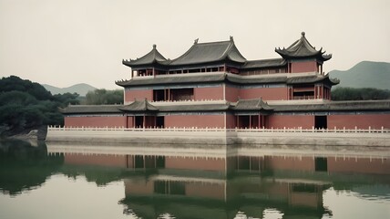 Fototapeta premium Potrait of massive palace standing in the side of the lake AI Generated Image
