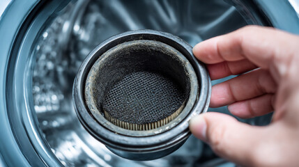 Close up of a hand holding a dirty washing machine filter inside of a washing machine drum interior