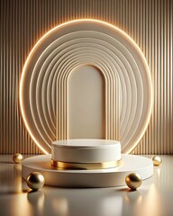 Elegant 3d rendering of a product display podium with golden accents and ambient lighting