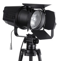 Professional digital camera with a studio flash light on a tripod, isolated on white, for photography and video production equipment