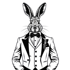 Anthropomorphic rabbit in tuxedo. Black and white illustration of hare wearing formal suit with bow tie for wedding, party invitation or fashion concept.