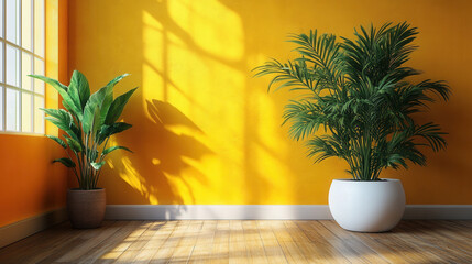 Obraz premium contemporary room with white ornamental plants against vibrant yellow wall