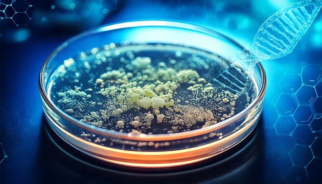 Stunning close-up of a petri dish with bacterial cultures, overlaid with a DNA double helix and molecular structures.